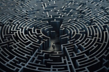 Man silhouette in maze or labyrinth. Finding solution and self concept.