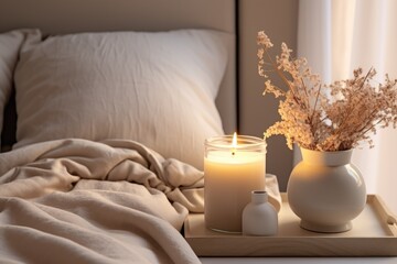 A scented candle on a white table with vases on a modern minimalist background.