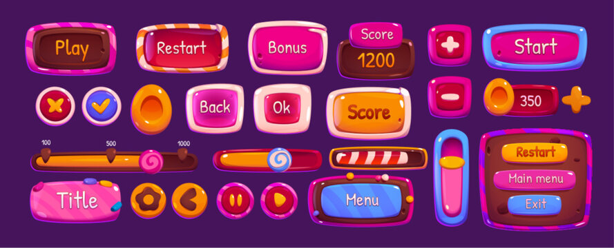 Candy ui game app interface and button frame glossy icon set. Pink jelly and lollipop play design with loading, close, window, panel, slider, arrow and circle beautiful fantasy cute item collection.