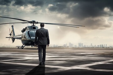 Businessman private helicopter transport.