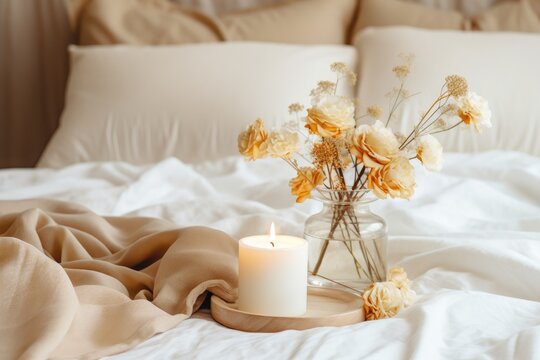 A scented candle on a white table with vases on a modern minimalist background.