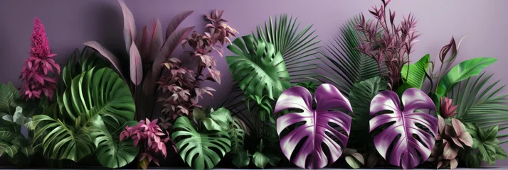 Fotobehang Tropical plants banner on purple background. Jungle tropic plant leaf and flower variety, violet and green colors. © Rawf8