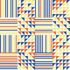 Fototapeta premium Modern abstract geometric vector seamless pattern with simple elements and shapes like square, triangle and rectangle. Colorful mosaic in red, blue, orange, yellow, black with white background.