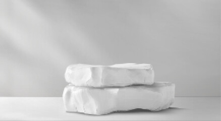 White stone podium platform for product display 3d background. Two marble realistic vector illustration. Studio interior table scene with double cosmetic stand near grey wall mock up template.