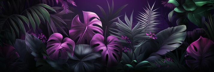 Tropical plants banner on purple background. Jungle tropic plant leaf and flower variety, violet and green colors.