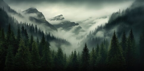 Photo realistic illustration of mountains forest fog morning mystic.