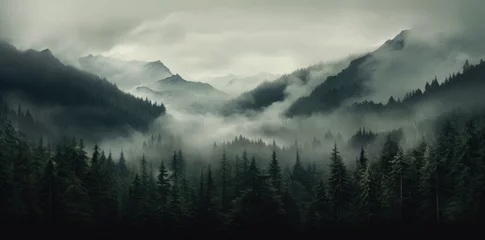 Fototapete Morgen mit Nebel Photo realistic illustration of mountains forest fog morning mystic.
