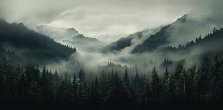 Fototapeta Photo realistic illustration of mountains forest fog morning mystic.