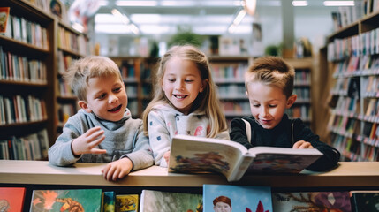Happy children reading storybook together in school library