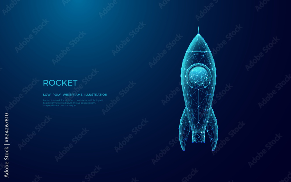Poster Abstract Digital Rocket on Technology Blue Background. Futuristic Spaceship consists of polygons, connected dots, thin lines, and glowing circles. Low Poly Wireframe Vector Illustration with 3D effect
