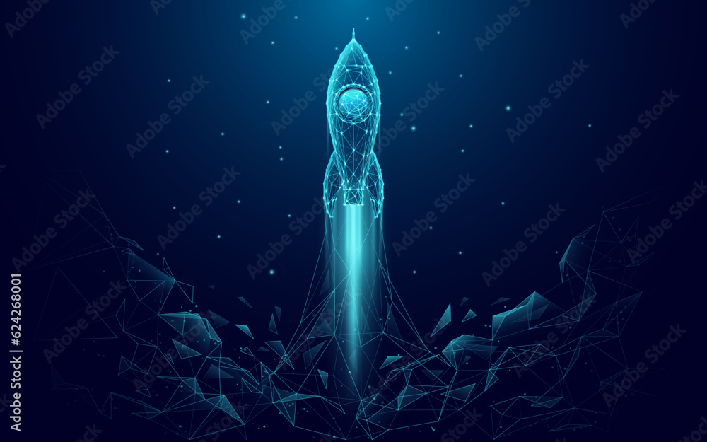 Poster Abstract Rocket Launch. Digital Spaceship Flying Up Into Outer Space. Business Development, Boosting Concept. Low Poly Wireframe Vector Illustration on Technological Blue Background. Polygonal banner.