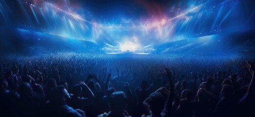 Live, rock concert, party, festival night club crowd cheering, stage lights and confetti falling. Cheering crowd. Blue lights. - obrazy, fototapety, plakaty