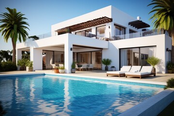 Fototapeta premium Exterior of modern minimalist cubic villa with swimming pool at sunset.