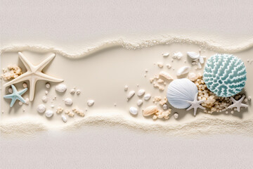 Fototapeta na wymiar Seashells, Starfish, and Sun-Kissed Sands: A Mesmerizing Tapestry of Coastal Beauty and Marine Wonders on the Shoreline created with Generative AI technology