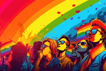 Obraz na płótnie Canvas Pop art illustration, banner, texture or background depicting the pride day and the LGBT community with diverse people.
