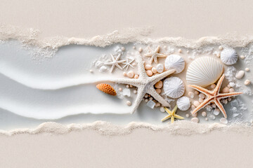 Serenity Unleashed: A Captivating Coastal Symphony of Seashells and Starfish Amidst the Golden Sands of a Pristine Beach created with Generative AI technology