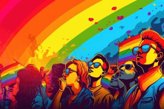 Pop art illustration, banner, texture or background depicting the pride day and the LGBT community with diverse people.