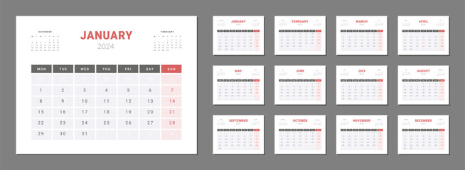 Set of 2024 Calendar Planner Template. Vector layout of a wall or desk simple calendar with week start monday. Calendar grid in grey, red color for print