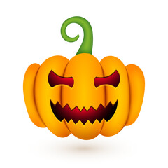 Halloween cute pumpkin. Realistic 3d pumpkin with scary smile funny face on white background for autumn holiday. Vector Halloween illustration for decoration, fashion print design, banner, app, advert