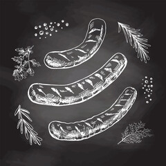 A set of hand-drawn sketches of barbecue sausages with herbs and seasonings on chalkboard background. For the design of the menu of restaurants and cafes, grilled sausages. 