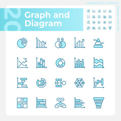 Graph and diagram light blue icons. Data visualization. Information display. Presentation element. RGB color. Website icons set. Simple design element. Contour drawing. Line illustration