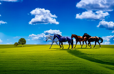 Fototapeta na wymiar Walking horses in green grass field with blue sky background, AI generative