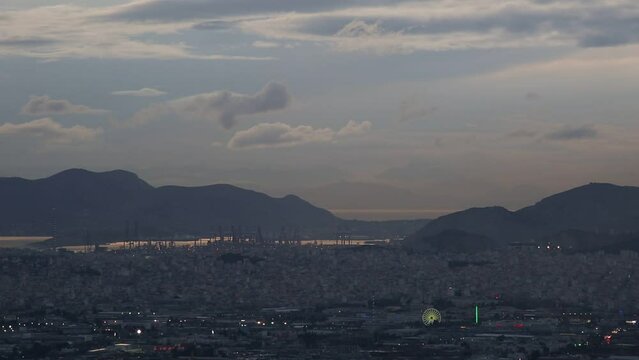 View of Athens, port of Piraeus and Salamina island from Lycabettus hill. 
