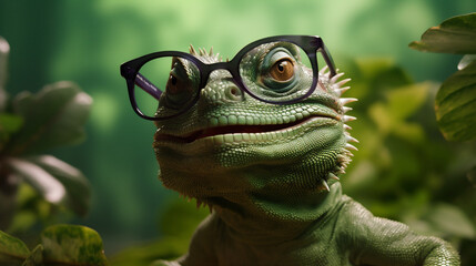 animal reptile green iguana wildlife lizard scale glasses portrait close-up. Generative AI. - obrazy, fototapety, plakaty