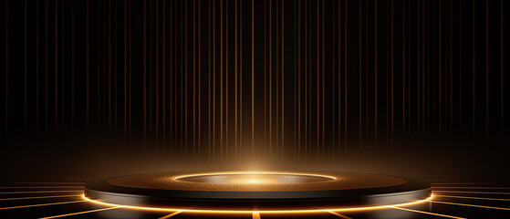 luxury Stage podium illuminated black and gold background.