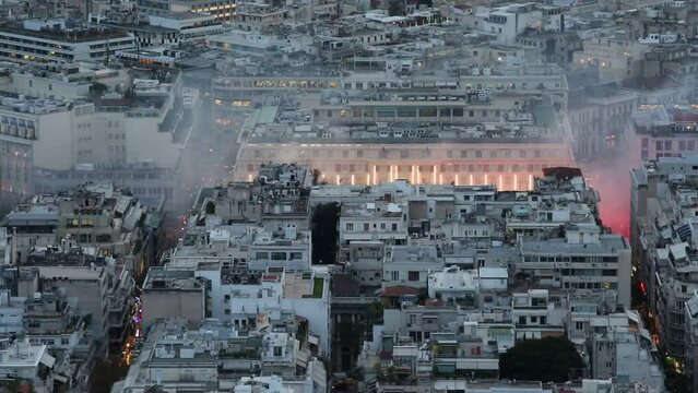 Protest in Panepistimio in central Athens as seen from Lycabettus hill. 

