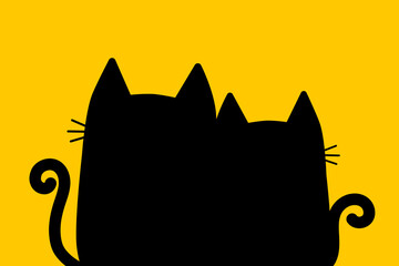Cute black cat boy and girl couple silhouette print. Kitten hugging. Cartoon character. Funny kitty set. Happy family. Love card. Valentines day. Flat design. Yellow background.