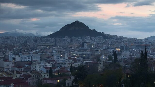 View of Lycabettus hill from Areopagus hill in central Athens, Greece. 
