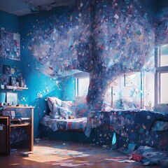 A painting for a room with a wonderful decor, a tree made of paper mixed with the room, with beautiful lighting, details and colors