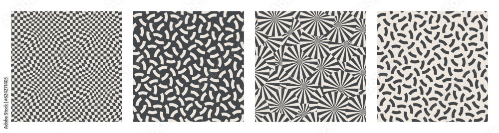 Poster vector set of geometric optical illusion seamless patterns. memphis style backdrops with simple shap