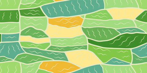 Bird's eye view of the agricultural landscape. Flat style vector illustration of wheat, soybean, rye, barley fields. Top view of a farm field. Natural farming. Seamless pattern with texture.