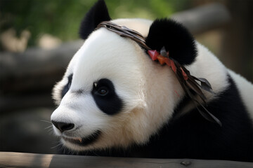 a panda wearing a headband