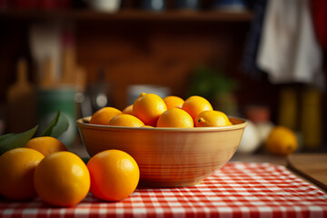 A bowl full of oranges on a wooden kitchen counter. Nicely lit scene, boho style surroundings with accessories around 