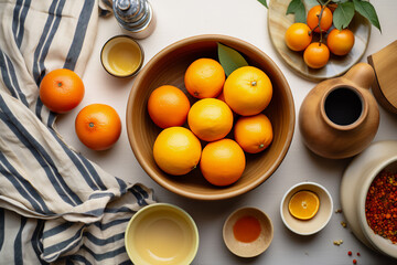 A bowl full of oranges on a wooden kitchen counter. Nicely lit scene, boho style surroundings with accessories around