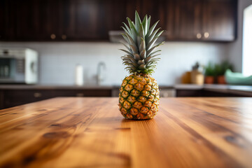 Pineapple on a wooden kitchen counter. Nicely lit scene, boho style surroundings with accessories around created by generative ai