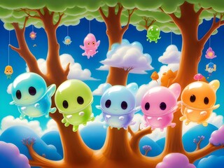 Cute Slime Creatures Flying, Generative AI Illustration
