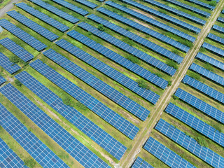 Aerial view of Solar panels, solar farms