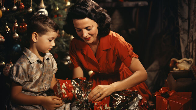 Vintage Family Photo Celebrating Christmas