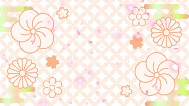 花が回転して桜の花びらが舞う　パステルカラーの和風な七宝柄アニメーション背景（オレンジ）