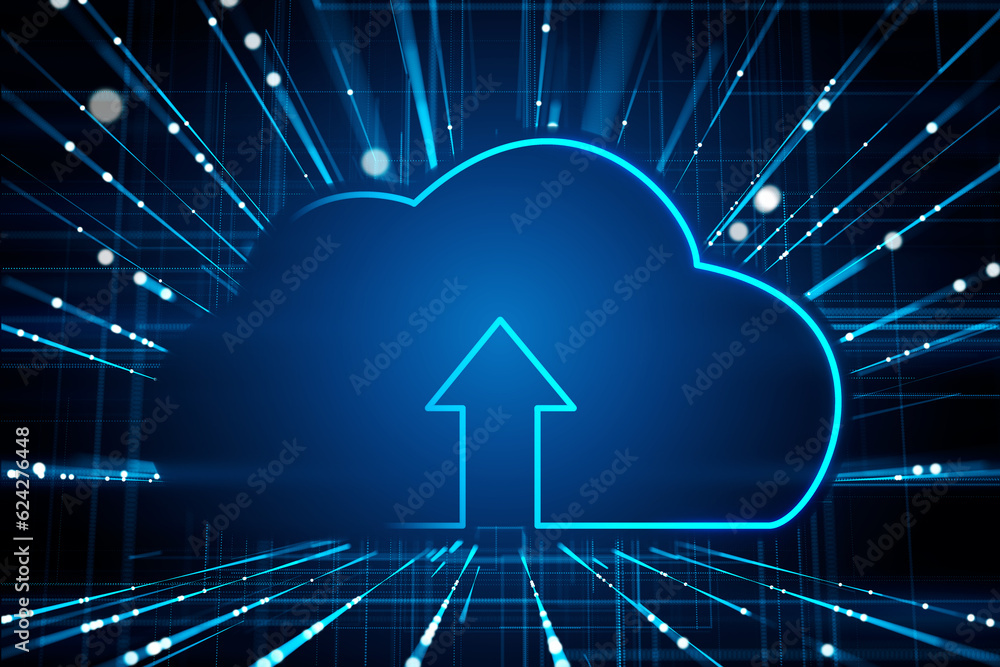 Poster glowing cloud symbol with upward arrow on dark blue background, technology concept. 3d rendering