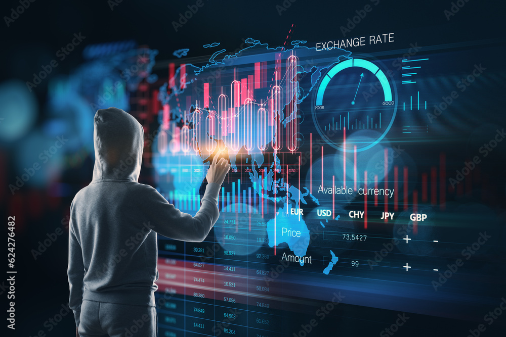 Poster Back view of hacker using creative global forex chart interface on dark background. Concept of stock market, hacking and financial success.