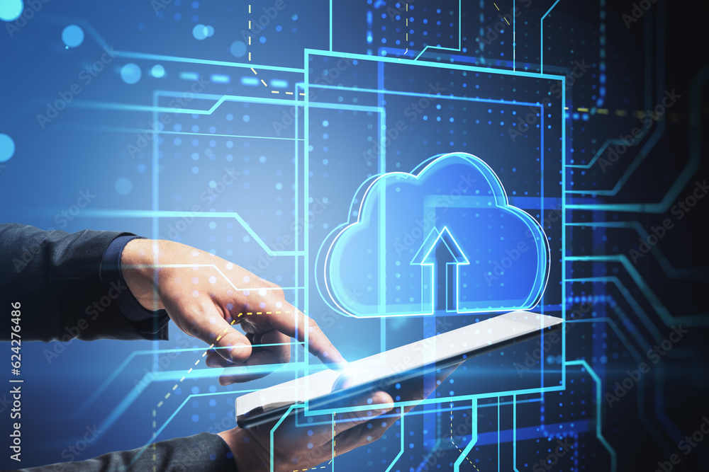 Poster cloud technology and data transfer concept with male hand working with digital tablet and cloud symb