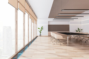 Fototapeta premium Side view of modern light meeting room interior with office desk and chairs, plant, panoramic window with city view, wooden floor and white walls. 3D Rendering