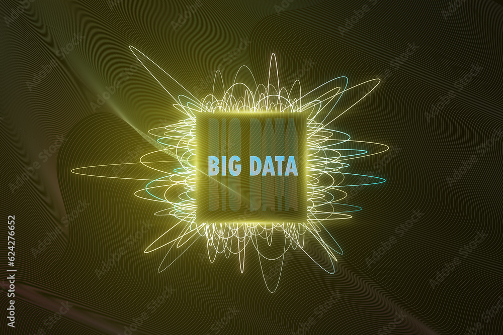 Poster Creative big data chip on blurry waves background. Machine learning and information mining concept. 3D Rendering.
