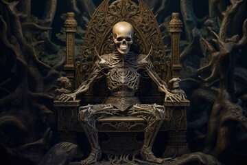 Skeleton king sitting on the throne, dark fantasy