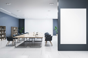 Front view of a blank white banner on dark grey wall on modern empty conference room background, mockup. 3D Rendering